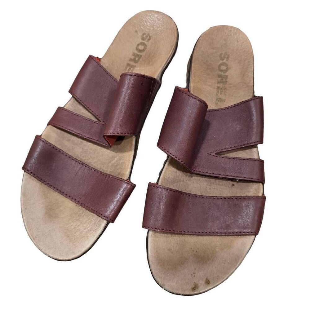 Sorel Sandals Shoes‎ Women's Size 9 Burgundy Brown Leather Double Strap Slip On